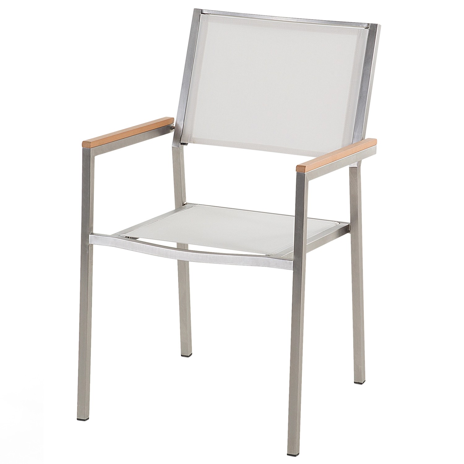 Weißer Gartenstuhl mit silbernem Gestell und hellen Holzarmlehnen.