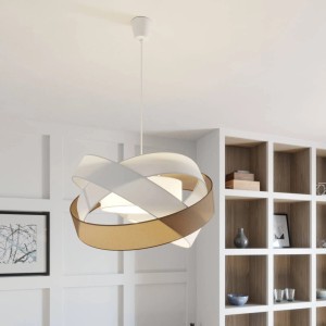 Moderne Lindby Simaria Pendelleuchte aus braunem und weißem Textil, 3-flammig, für Wohn- & Esszimmer.