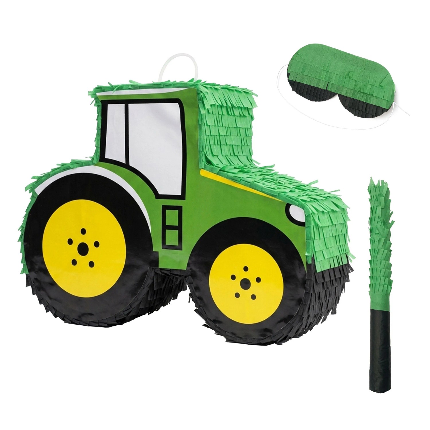 Relaxdays Traktor Pinata Seidenpapier Grün Gelb 3-teilig mit Stab und Maske 40 cm x 40 cm x 12 cm