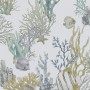 Dekorative Vliestapete mit Unterwasserwelt-Motiv in Graublau. Zeigt Korallen, Fische, Seepferdchen und Muscheln.