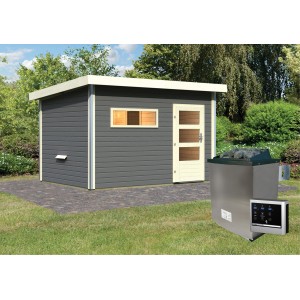 Terragraues Karibu Saunahaus Hendrik 3 mit Ofen und externer Steuerung im Garten.