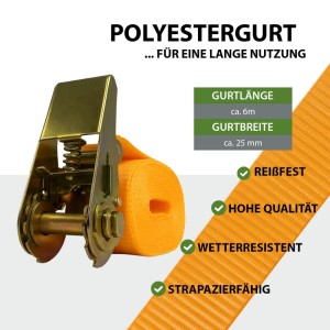 Oranger TRUTZHOLM Spanngurt mit Ratsche, 6m lang, zur Ladungssicherung. Detailaufnahme der Ratsche und des Gurts.