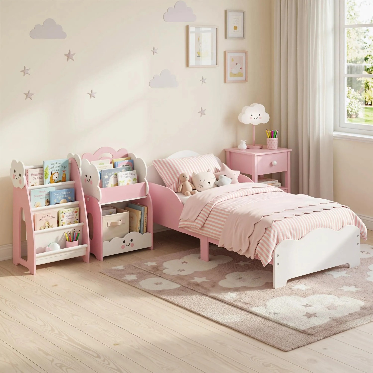 Rosa-weißes AIYAPLAY Kinderbett aus MDF mit lächelndem Wolken-Kopfteil und niedrigen Schutzleisten.