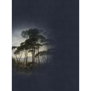 Fototapete mit Wald-Motiv in Schwarz, Blau und Grün. Gemälde im Fresko-Stil, 2,00 m x 2,70 m.