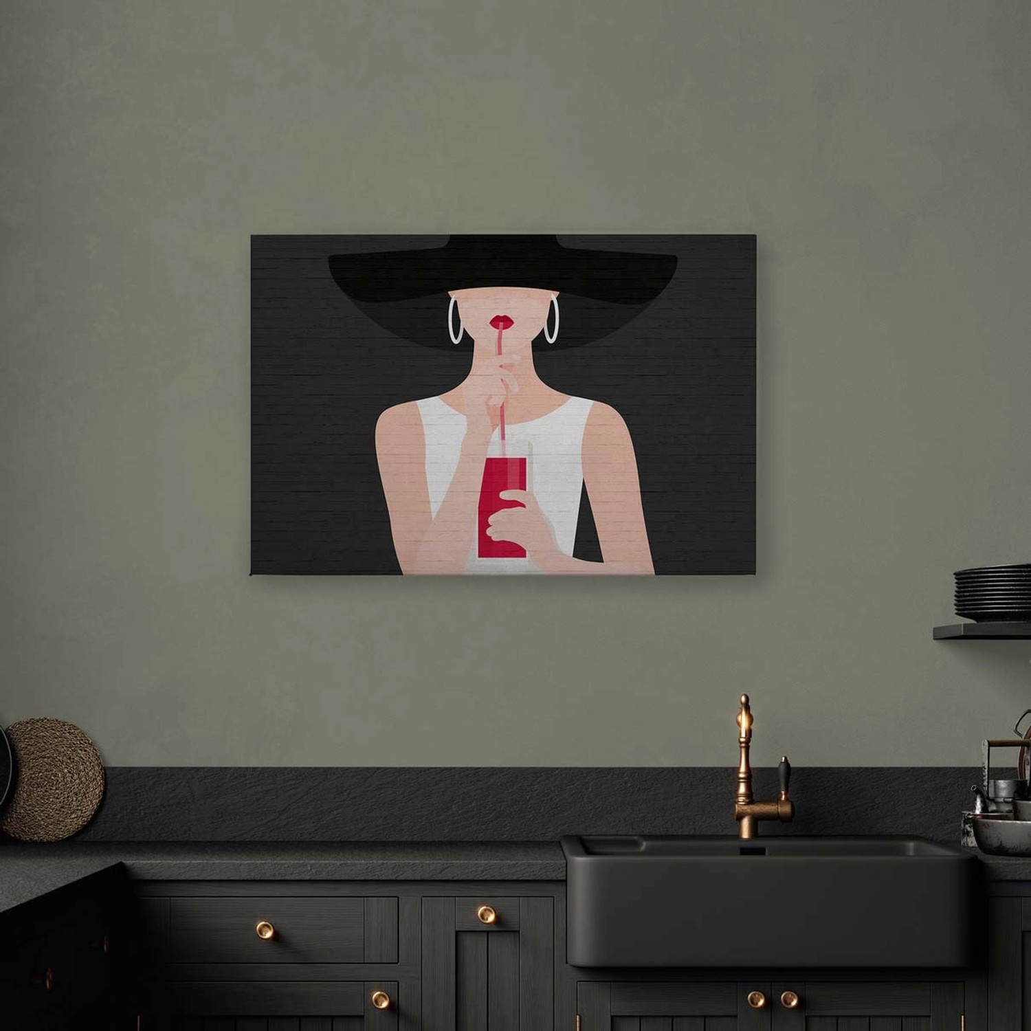 Bricoflor Wandbild Für Küche Schwarz Rot Weiß Deko Bild Frau Mit Hut Und Roten Lippen Pop Art Leinwandbild In Steinoptik