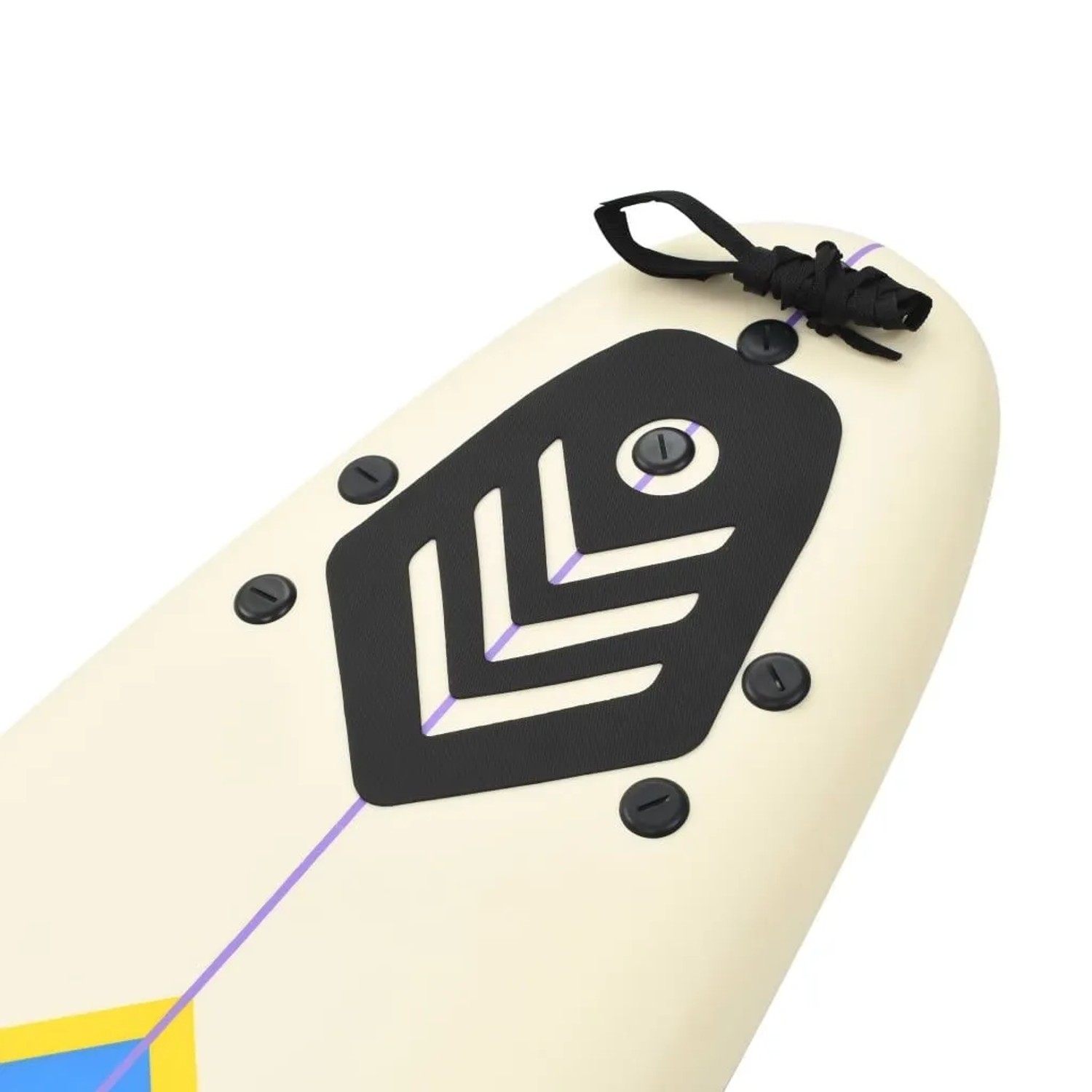 Cremefarbenes vidaXL Surfbrett mit schwarzem Traktionspad, lila Akzenten und Leash für Wassersport.