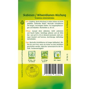 Samenpackung Quedlinburger Skabiose Witwenblume Mischung für farbenprächtige Blumen.
