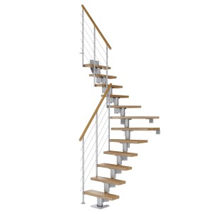 Dolle Mittelholmtreppe Dublin, Eiche perlgrau, 1/4 gewendelt, mit Edelstahlgeländer.