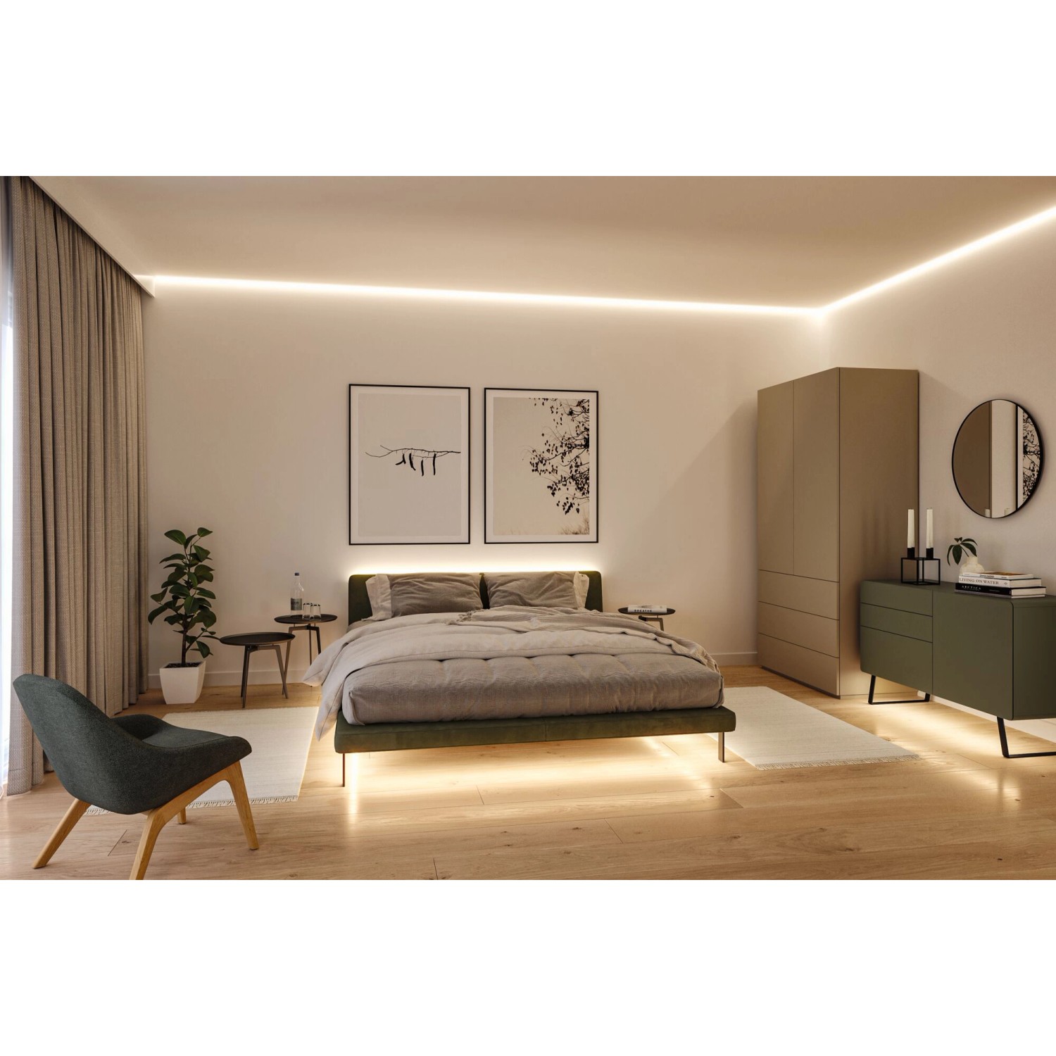 Wohnraum mit indirekter Beleuchtung durch Paulmann MaxLED 1000 LED-Streifen an Decke und Bett.