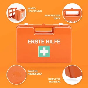 Oranger Erste-Hilfe-Koffer Klein DIN 13157 für Kleinbetriebe mit Wandhalterung.