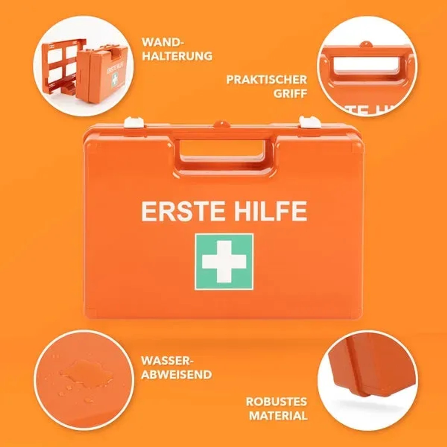 Oranger Erste-Hilfe-Koffer Klein DIN 13157 für Kleinbetriebe mit Wandhalterung.
