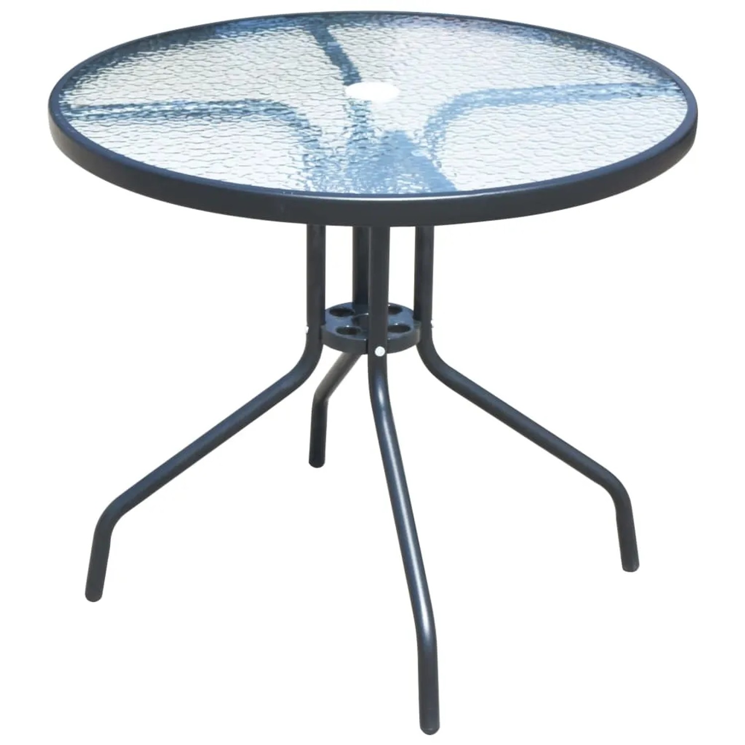 Schwarzer, runder Gartentisch mit Glasplatte und Schirmloch, Teil der 5-tlg. vidaXL Garten-Essgruppe.