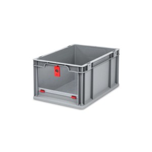 Graue PROREGAL Eurobox mit rotem Verschluss und Entnahmeöffnung für Lagerung und Transport.