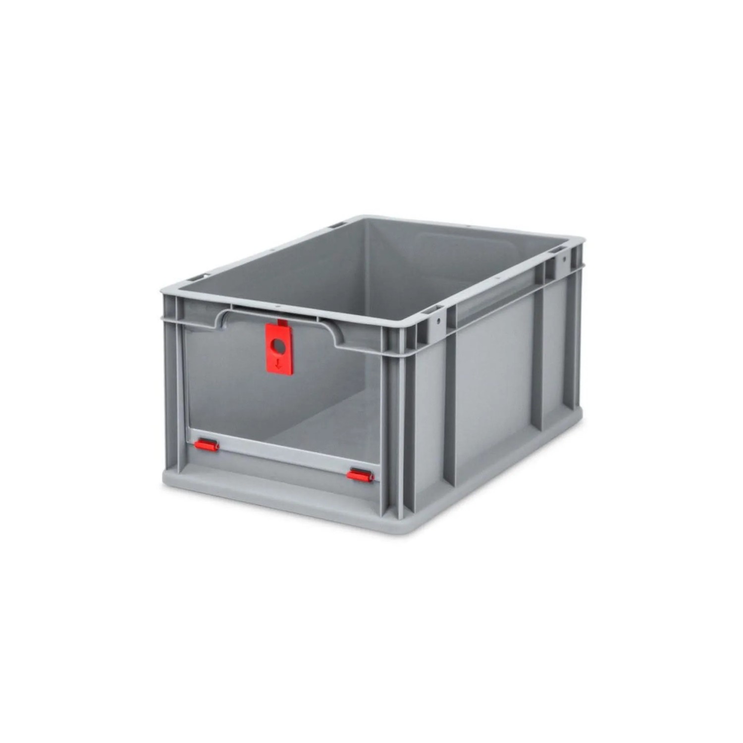 Graue PROREGAL Eurobox mit rotem Verschluss und Entnahmeöffnung für Lagerung und Transport.