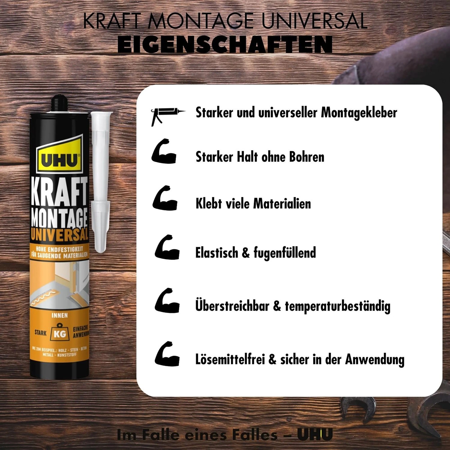 UHU Kraft Montage Universal Kartusche 470g, lösemittelfreier Montagekleber für viele Materialien.