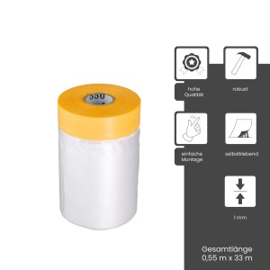 BMSC24 Abdeckfolie mit Goldband, 33m x 0,55m, transparent, für Innen- und Außenbereiche.