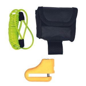 Basi Bremsscheibenschloss in Gelb mit 2 Schlüsseln, Erinnerungskabel und Transporttasche.