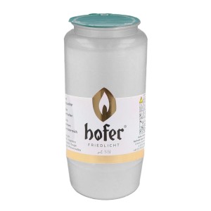 Hofer Kerzen Kompositions-Öl-Licht Nr. 7 Weiß, zylindrische Grabkerze mit grünem Deckel für 96h Brenndauer.