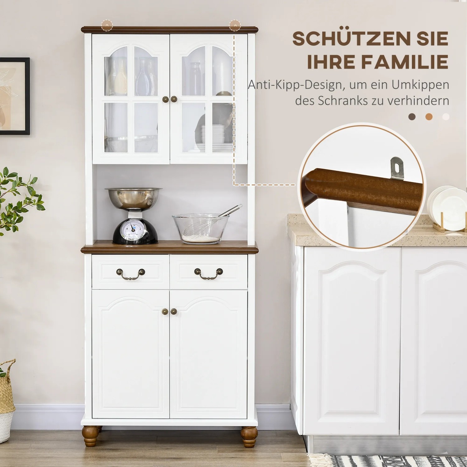 Weißer HOMCOM Küchenschrank mit Glas, Schubladen und brauner Arbeitsplatte. Viel Stauraum.
