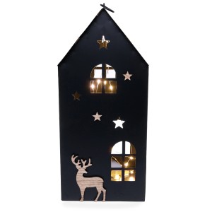Schwarzes LED-Deko-Haus mit Sternen und Hirsch, 38,5x170cm, für stimmungsvolle Weihnachtsdekoration.