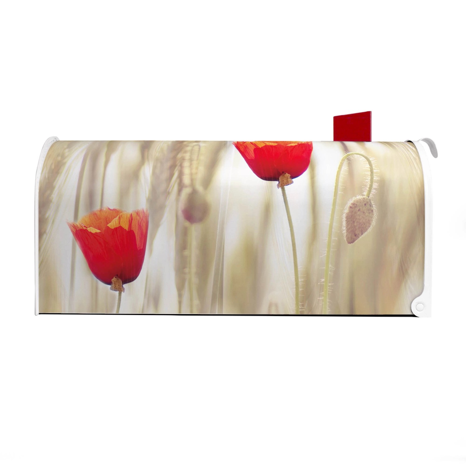 Weißer Banjado US Briefkasten mit Klatschmohn Motiv, Stahl, 48x22x16cm.