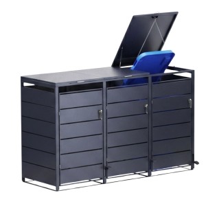Anthrazitfarbene Mülltonnenbox aus Metall für 3 Mülltonnen. Mit Pedalsystem, ein Deckel offen, blaue Tonne sichtbar. Für Ordnung im Garten.