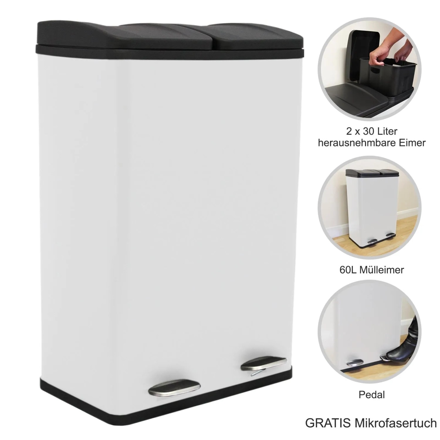 Monstershop Mülleimer 2 Fächer 2x30 L Weiß mit Pedal kaufen bei OBI