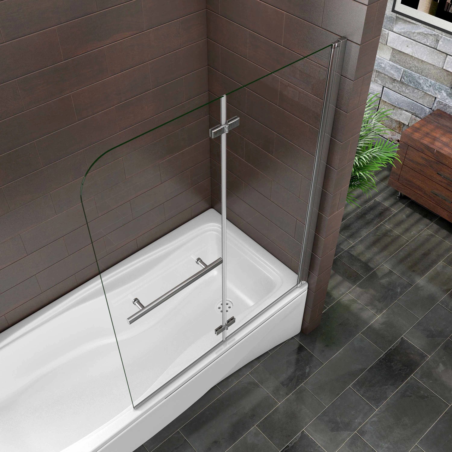 AICA Badewannenfaltwand 120x140cm mit 6mm ESG Glas und Handtuchhalter, montiert auf einer Badewanne.