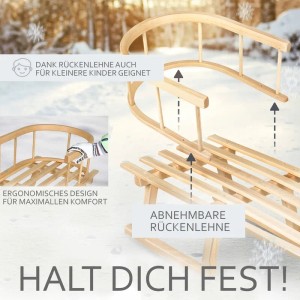 Bambiniwelt by Rafael K. Hörnerrodel 120cm Holzschlitten aus Buchenholz Hörnerschlitten mit Rückenlehne Rodelschlitten Leichtlauf-Stahlkufenbeschlägen