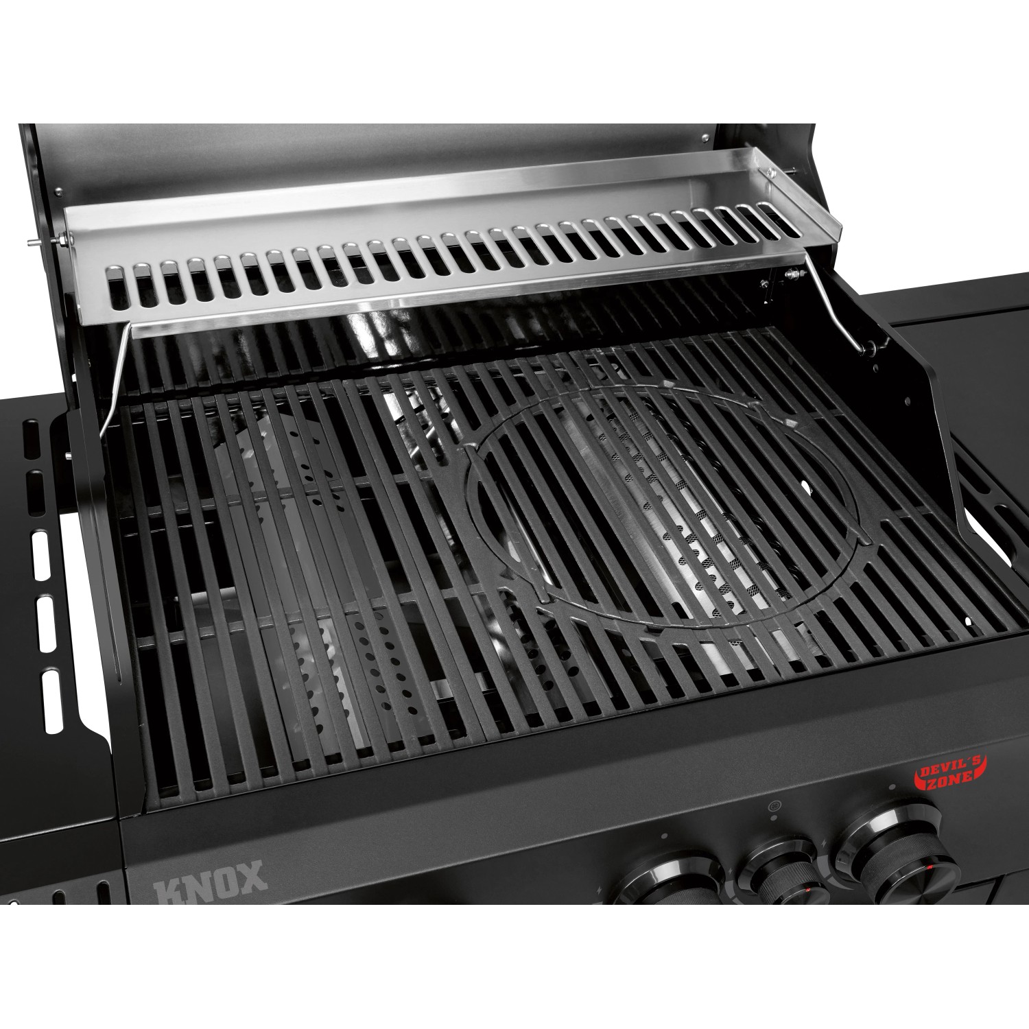 Jamestown Gasgrill Knox II: Grillwagen mit Edelstahlbrennern, Devil's Zone und Warmhalterost.