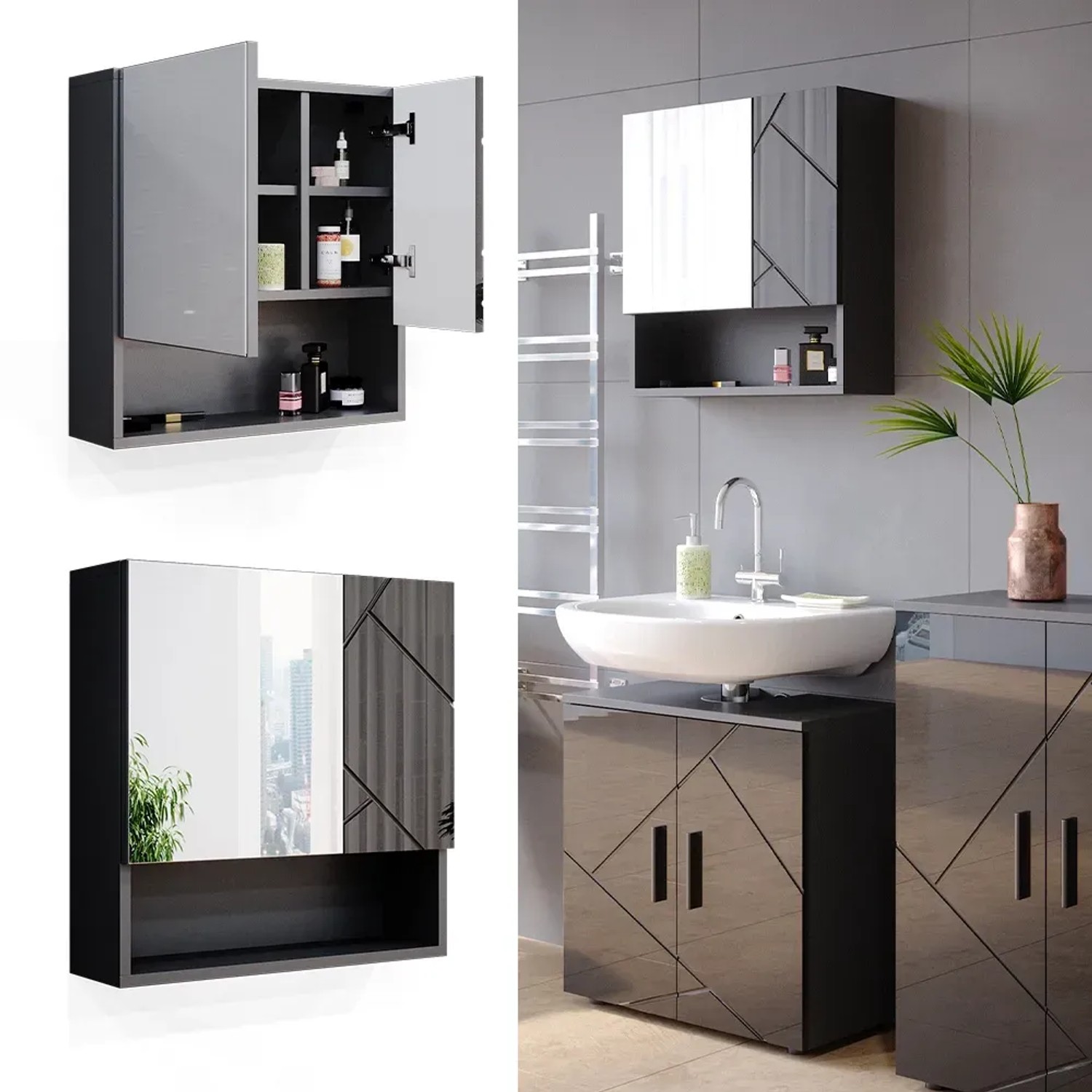 Vicco Badspiegelschrank Irma, anthrazit hochglanz, 54x55 cm. Spiegelschrank mit Stauraum für Badezimmer.