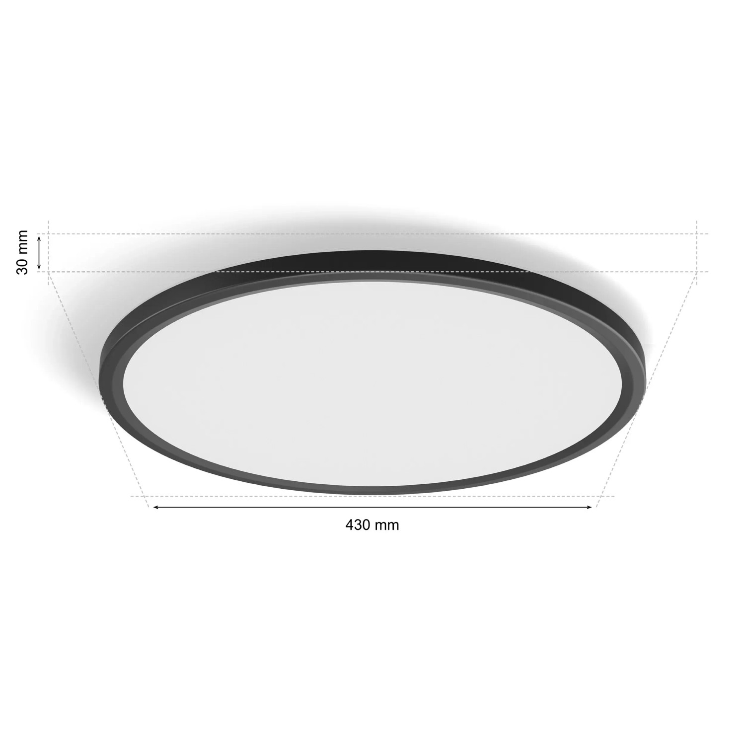 Schwarzes Philips Hue LED-Panel Tento White Ambiance M, runde Deckenleuchte mit Maßangaben.