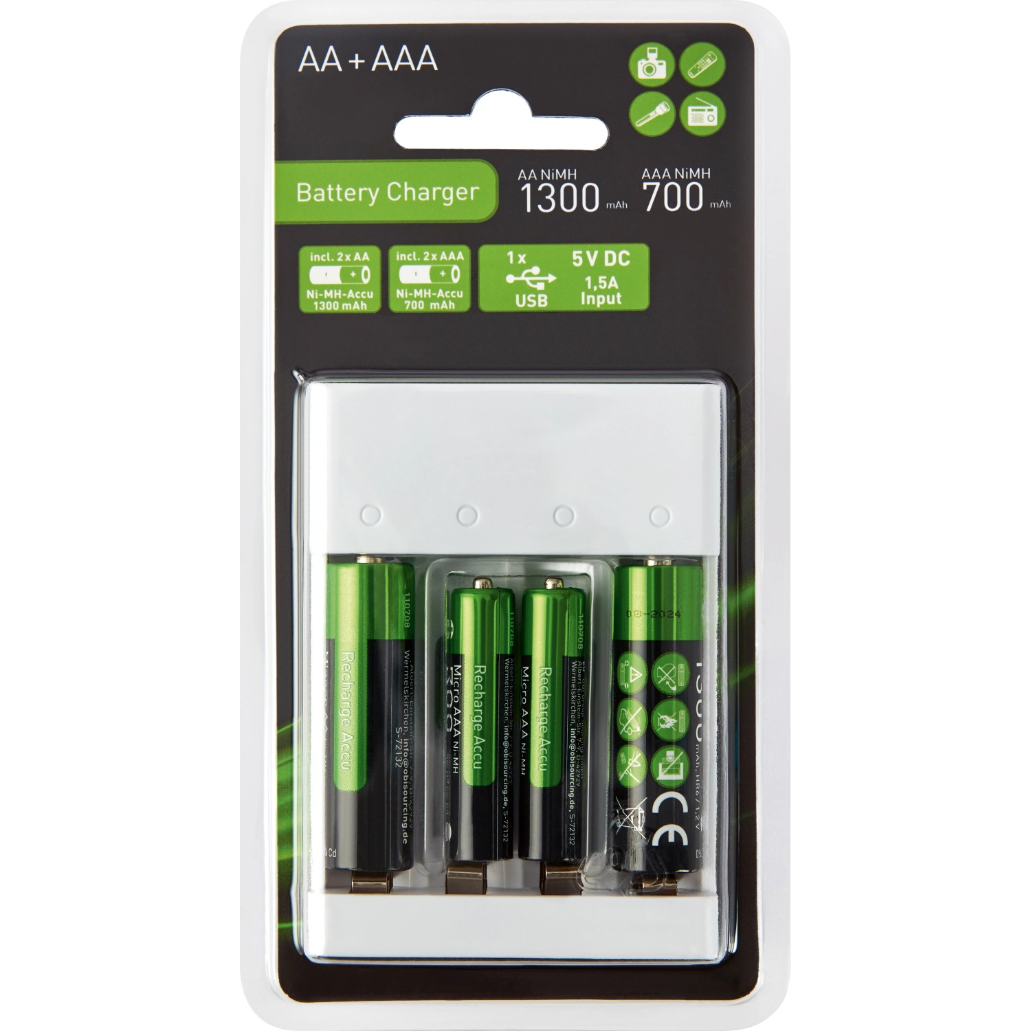 Batterie Ladegerät-Set mit 2 AA- und 2 AAA-Akkus, USB-Ladekabel. Ideal für Haushaltsgeräte.