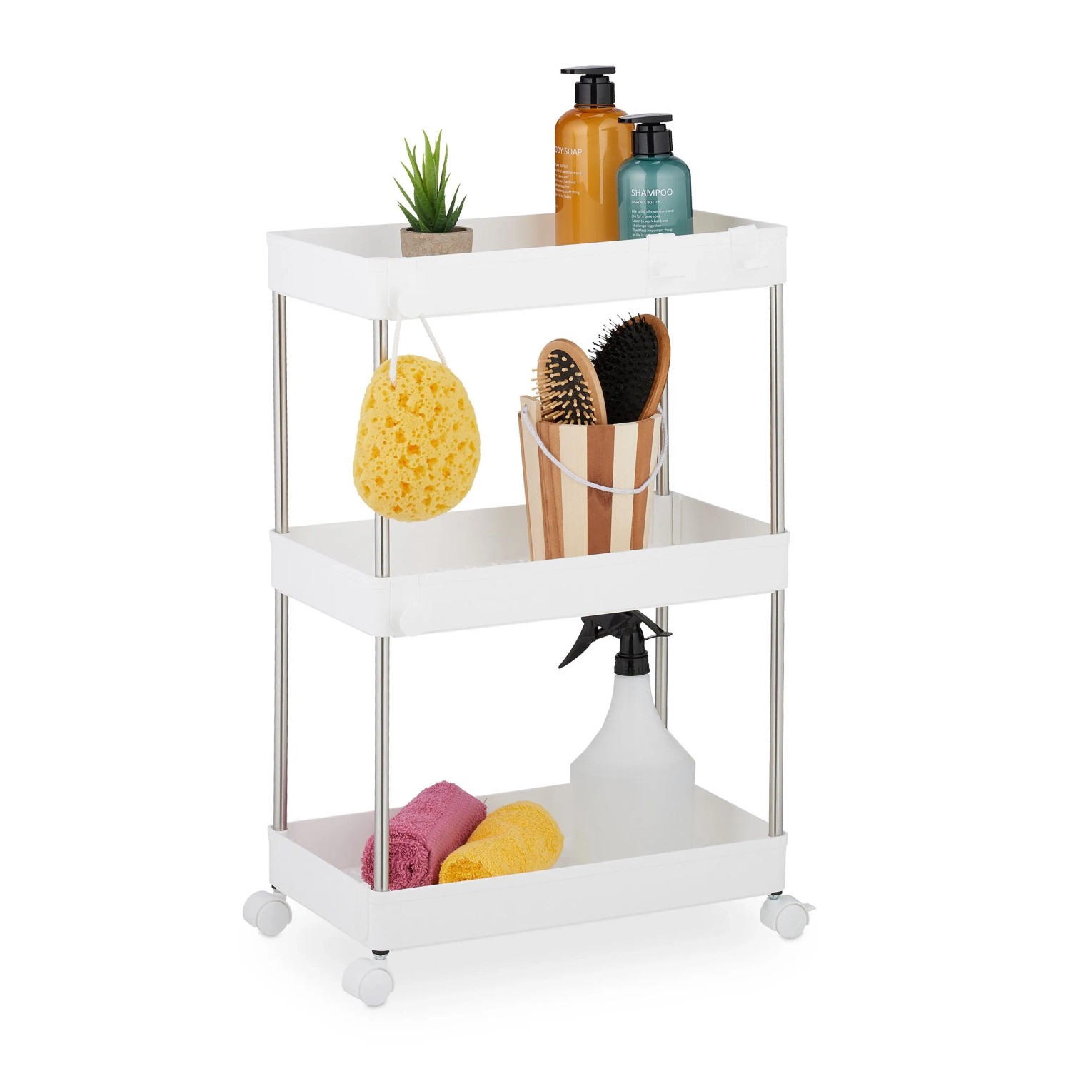 Relaxdays Nischenwagen Kunststoff Edelstahl Weiß 3 Ebenen mit Rollen Feststellbar 62 cm x 41,5 cm x 23,5 cm 1,2 kg