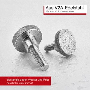 Zwei nass glänzende SOTECH Rändelschrauben M10 aus V2A Edelstahl mit Schaft, rost- und wasserbeständig.