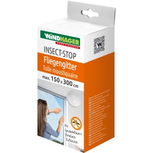 Verpackung des Windhager Fliegengitters Plus, 150x300cm, weiß. Insektenschutz für Fenster.