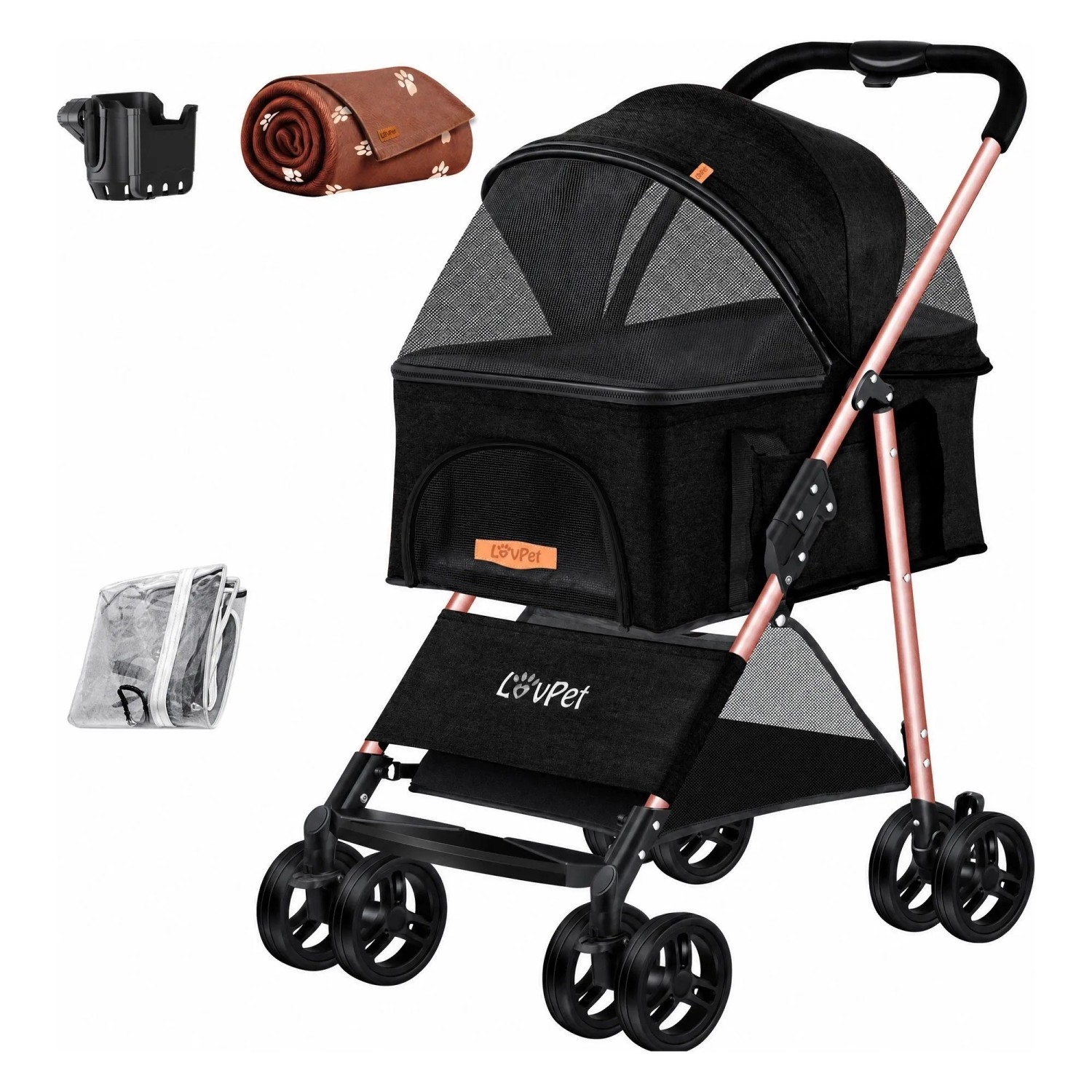 LOVPET Hundewagen 2in1 Hundebuggy Faltbar Bis 20 kg inkl. Netzfenster Schwarz