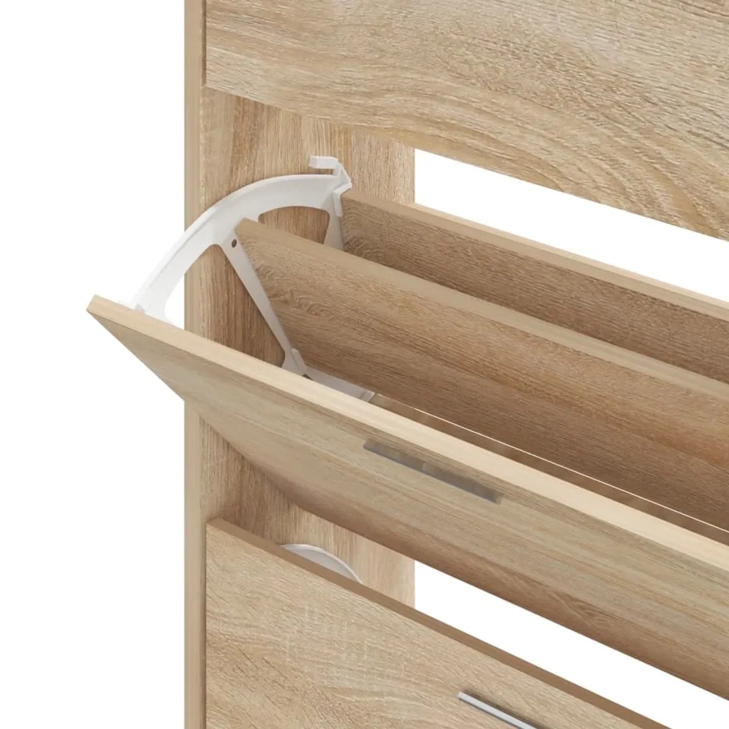 vidaXL Schuhschrank Sonoma-Eiche. Geöffnete Kippklappe zeigt den Mechanismus und das Holzwerkstoff-Material.