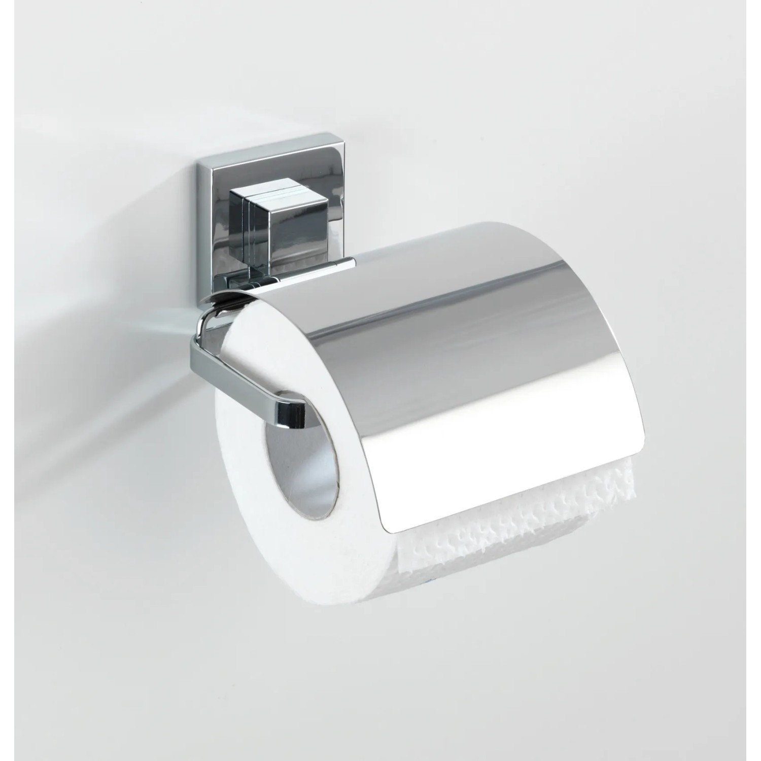 Wenko Vacuum-Loc® Toilettenpapierhalter Cover Quadro aus glänzendem Edelstahl mit Papierrolle.