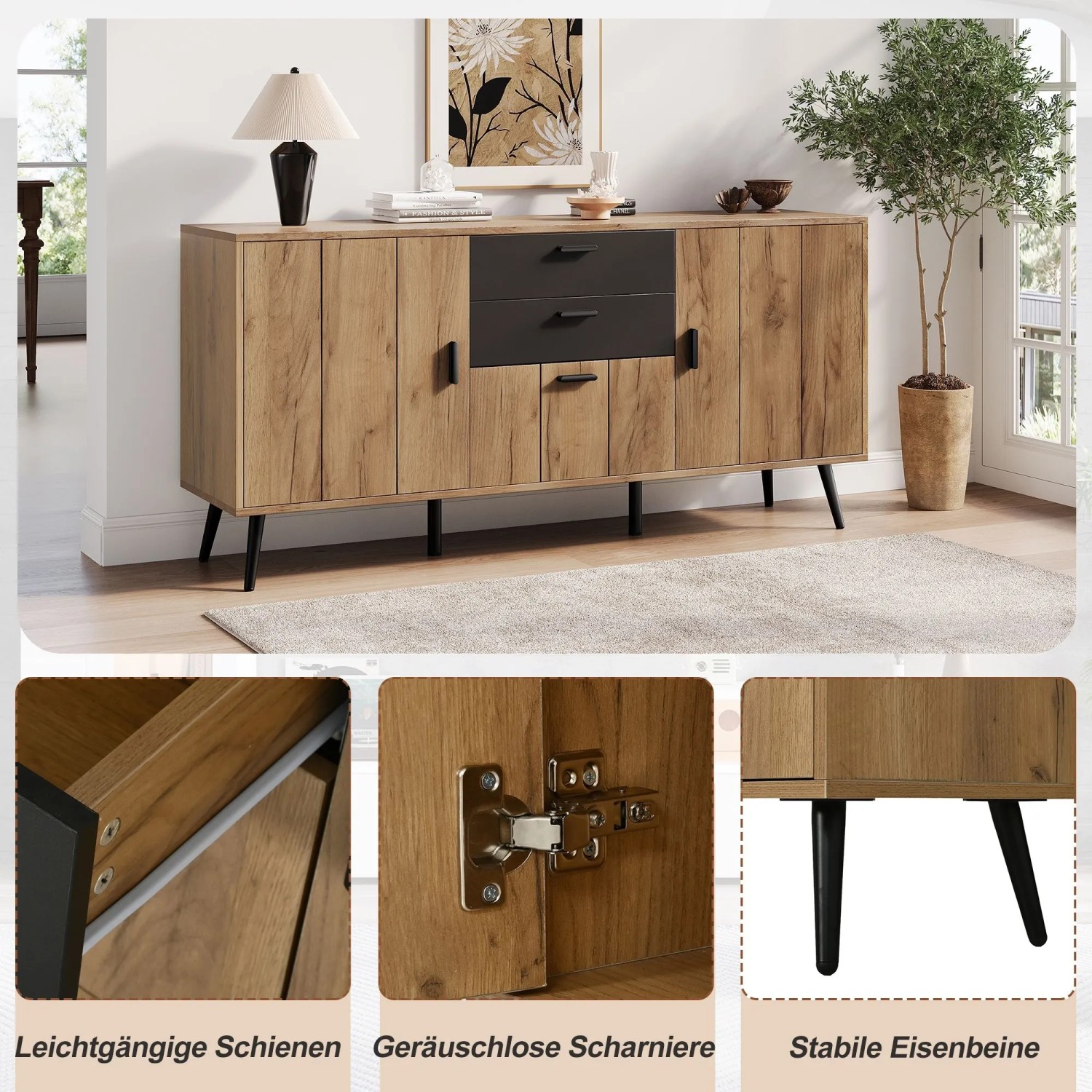 Merax Sideboard 140x67 cm in Holzoptik mit schwarzen Akzenten, 3 Türen, 2 Schubladen. Modernes Wohnzimmer-Möbel.