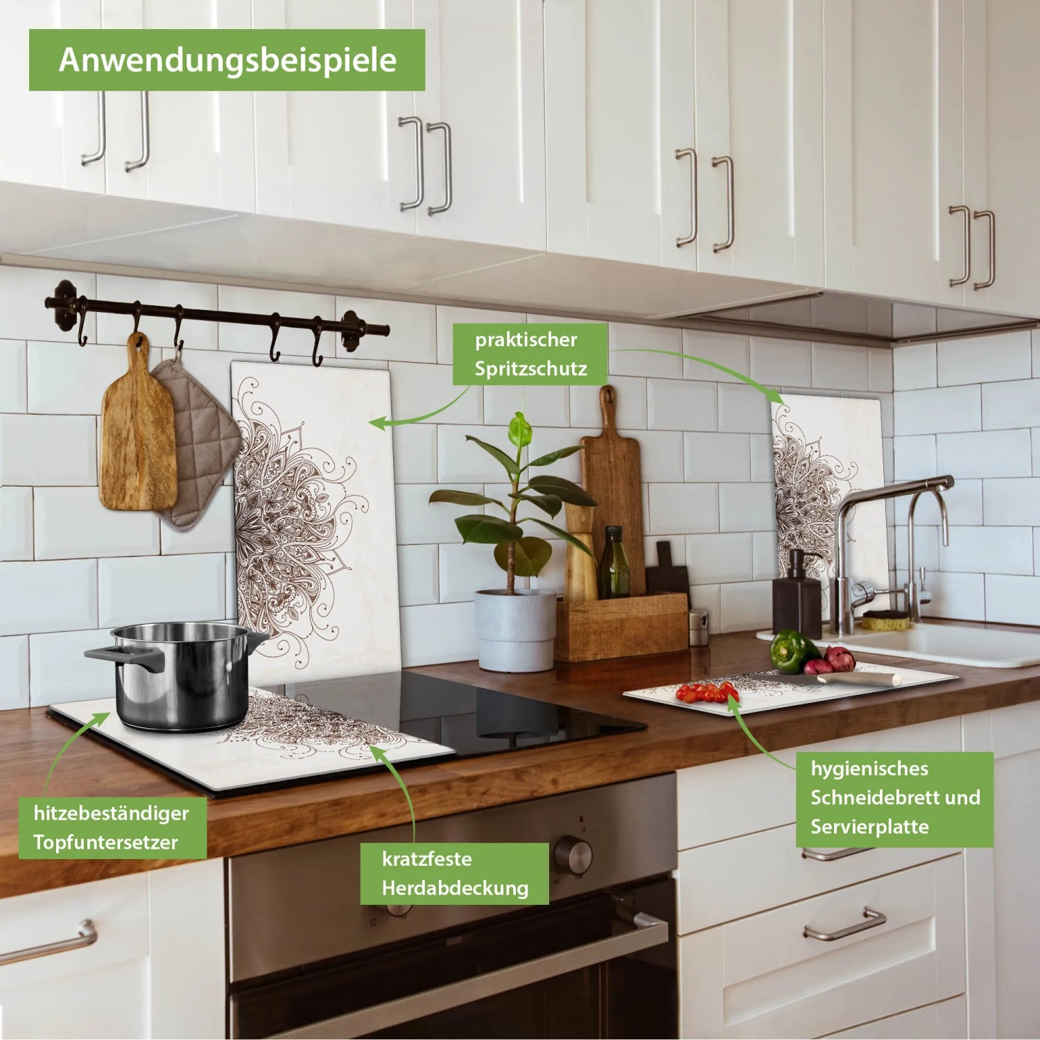 Banjado Herdabdeckplatten Glas 2-teilig mit Mehendi-Motiv als Schneidebrett und Spritzschutz in Küche.