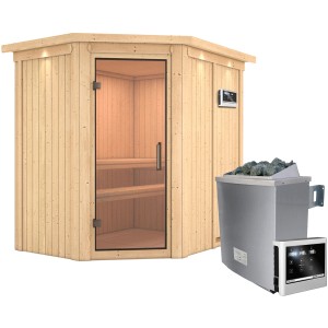 Karibu Sauna Cleo mit Ofen, externer Steuerung, Glastür und LED-Dachkranz.