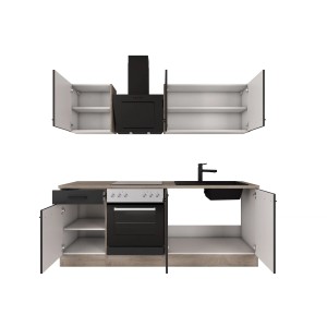 Flex-Well Küche Capri, 210 cm, schwarz matt/Eiche Dekor, mit E-Geräten und Spüle.