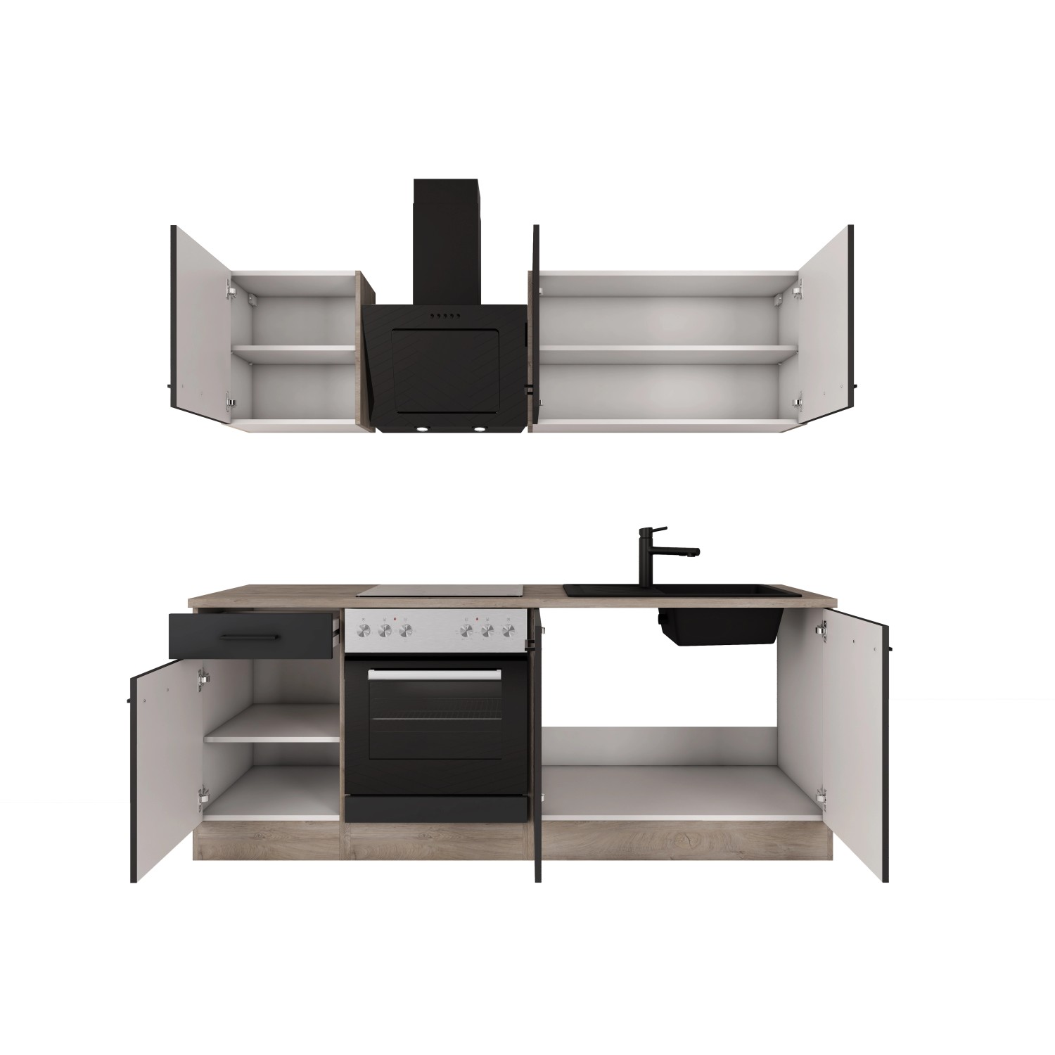 Flex-Well Exclusiv Küche 1601-005sWs Capri 210 cm Schwarz Matt-Endgrain Oak_2