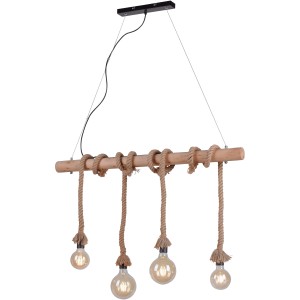 Just Light Pendelleuchte Rope, 4-flammig, schwarz, mit Holz und Seil.