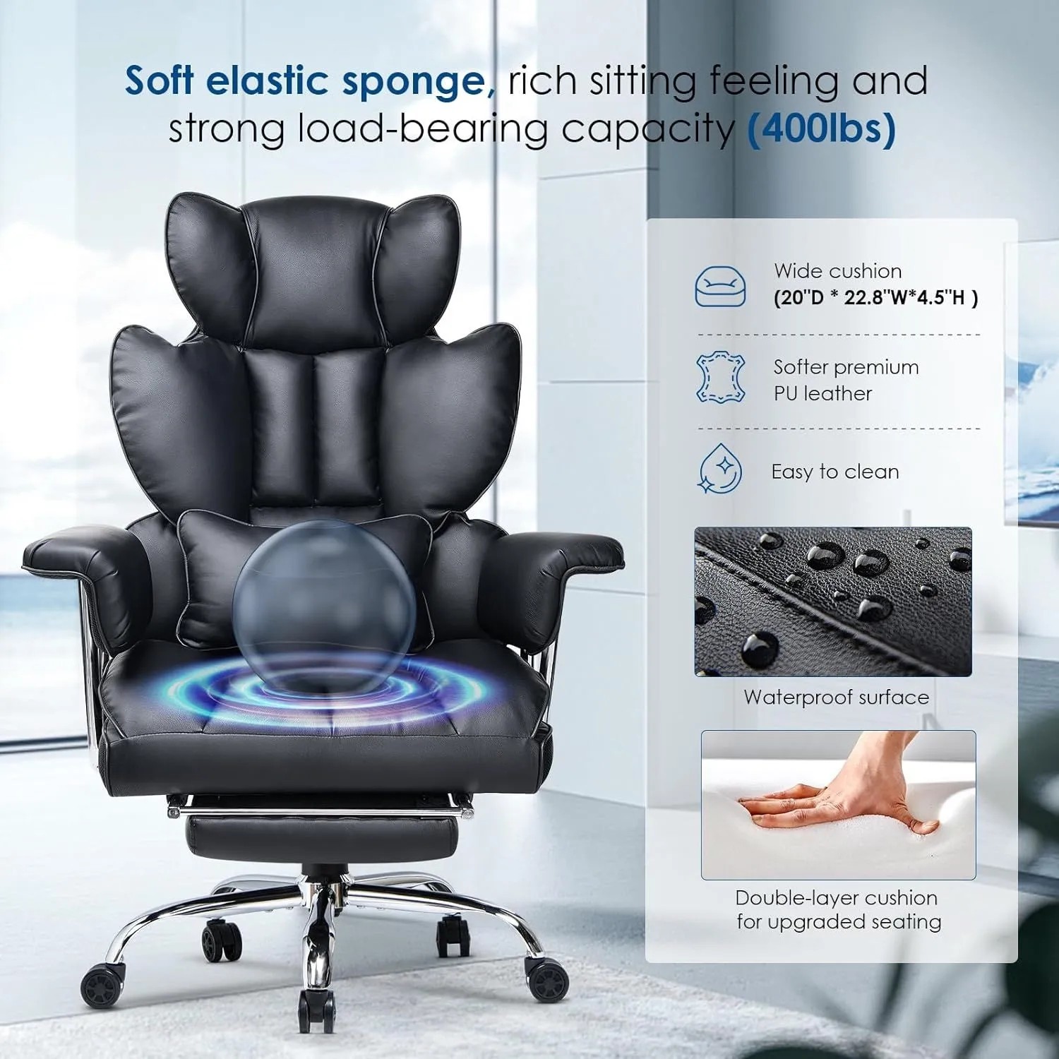 Schwarzer, ergonomischer Bürostuhl mit hoher Lehne, Fußstütze und Leder für Home Office.