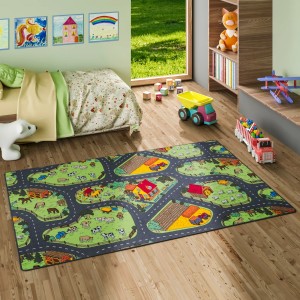 Bunter Snapstyle Kinder Spielteppich Bauernhof (200x300cm) mit Straßen und Bauernhoftieren.
