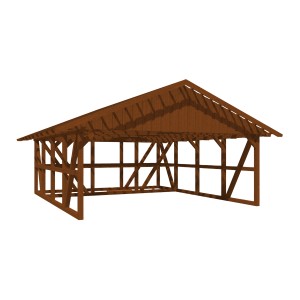 Skan Holz Carport Schwarzwald in Nussbraun mit Dachlattung und Abstellraum.