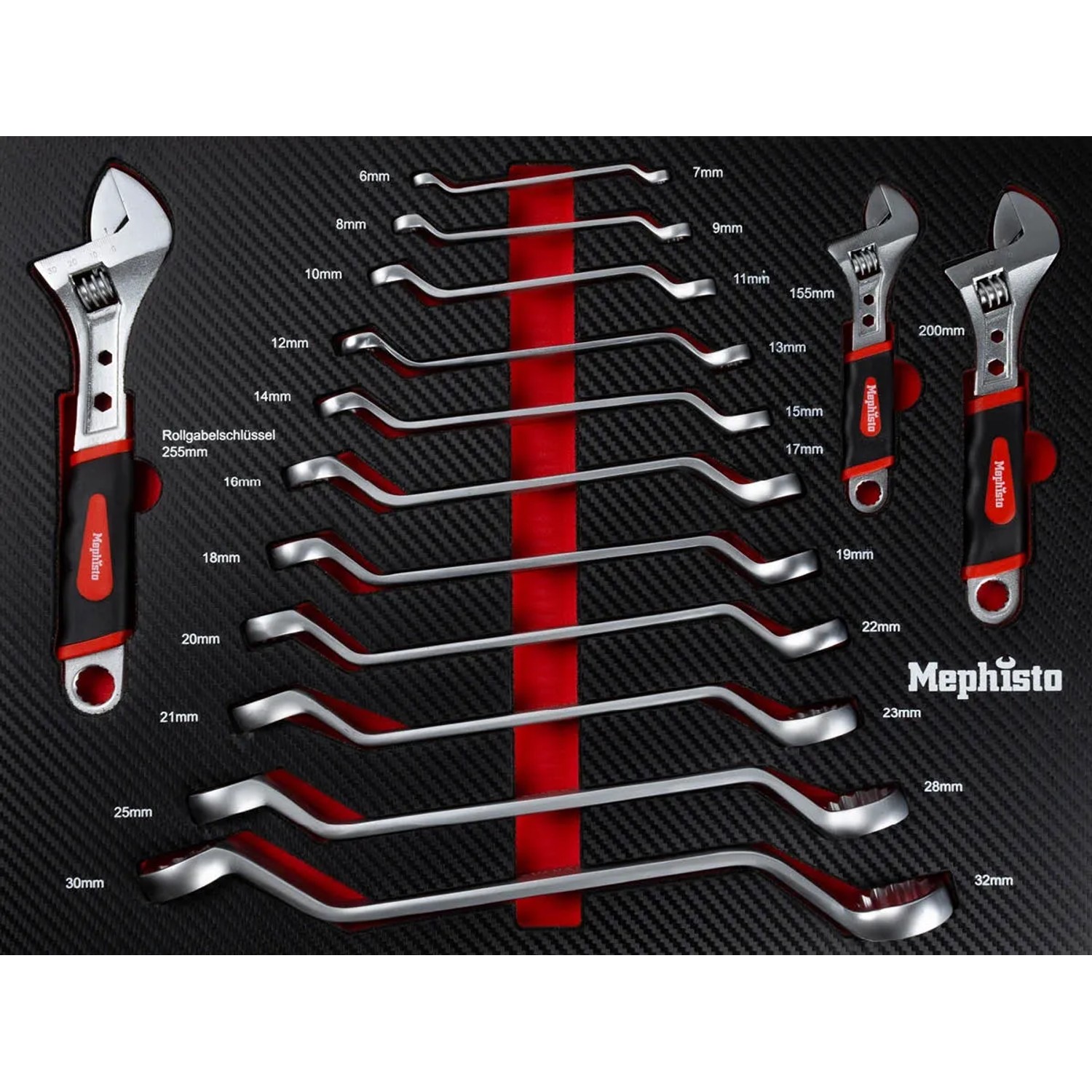 Mephisto Werkzeugwagen: Rollgabelschlüssel und Ringschlüssel im Werkzeugwagen-Einsatz.