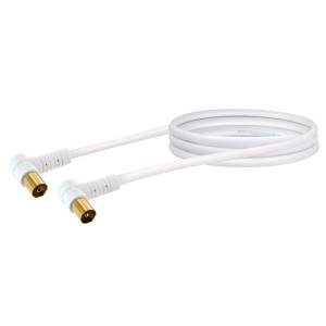 Weißes Schwaiger Antennen-Anschlusskabel (90 dB) mit gewinkelten Steckern für Antennendosen.